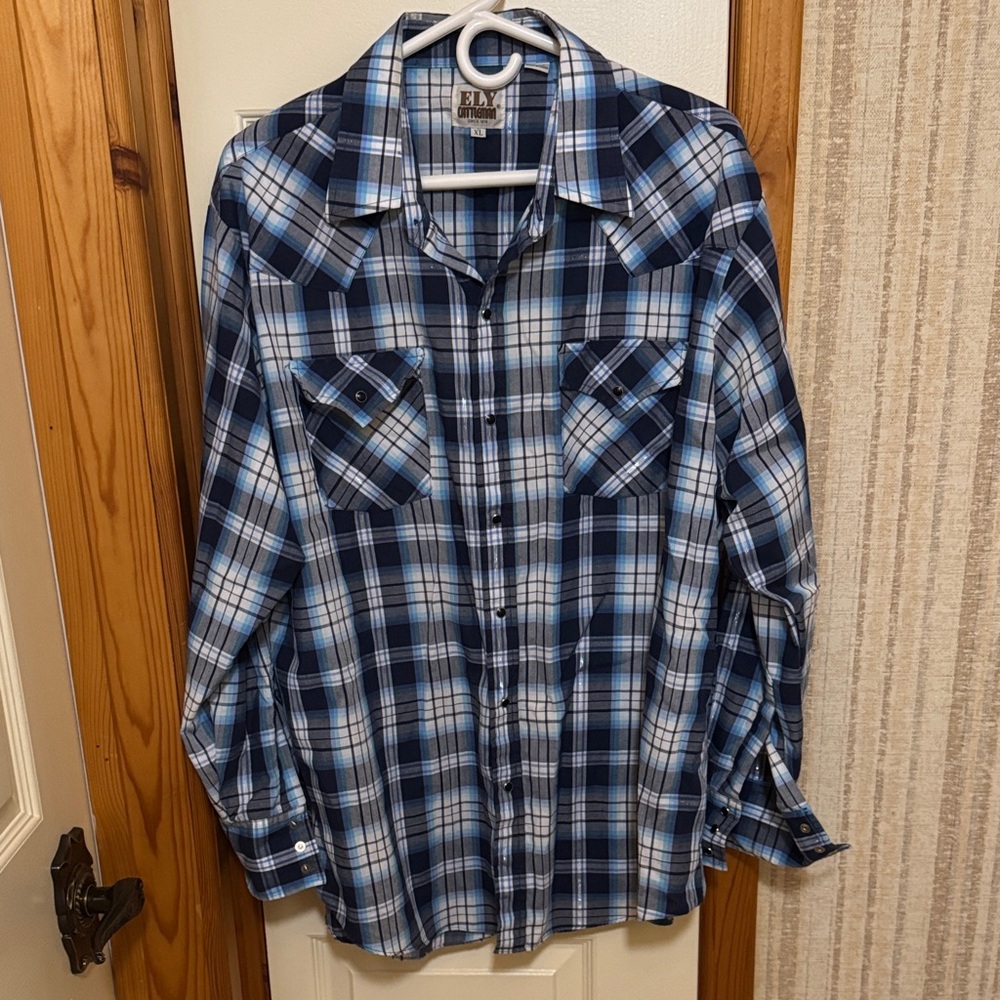 Ely Cattleman Navy and Light Blue Plaid Shirt